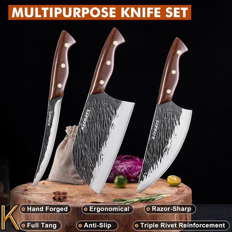 KITNATS 3PCS Butcher Knife Set,Hand Forged Serbian Chef Knife, Meat Cleaver,Boning Knife, Meat Cutting Kitchen Set for Home Cooking BBQ Perfect for Men Women With Gifts Box - Image 4